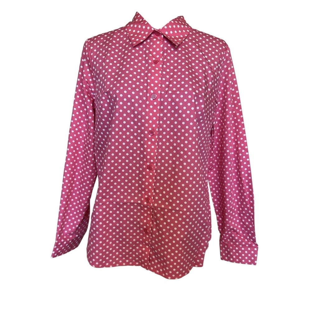 NWT Appleseed's Pink with White Polka Dots Cotton Shirt Blouse Size 12